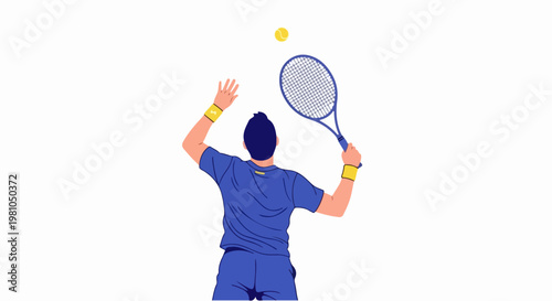Vector illustration of a male tennis player serving with racket and ball in action during rally