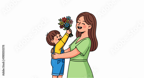 Vector illustration of a loving mother gifting a colorful bouquet to her joyful child today