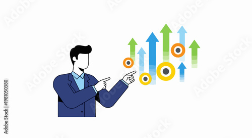 Vector Illustration of a Businessman Analyzing Growth Arrows and Circles for Performance Trends