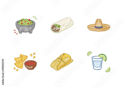 Traditional Mexican Cuisine and Cultural Elements with Inky Brush Strokes and Crayon Colorful Style