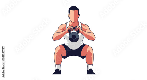 Man performing squat exercise with kettlebell on white background