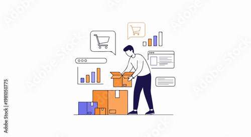 Vector illustration of a person packing boxes with shop analytics in ecommerce warehouse tasks