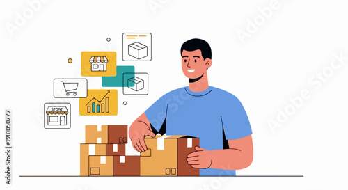 Vector illustration of a man packing cardboard boxes for shipment with inventory icons graphics