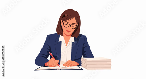 Vector illustration of a professional businesswoman writing in notebook with stack of documents