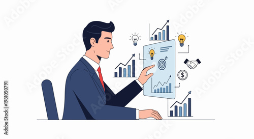 Vector business analyst presenting data charts with growth arrows and lightbulbs infographic