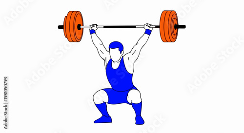 Vector illustration of a weightlifter performing an overhead barbell lift in blue athletic attire