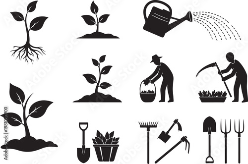 Black silhouettes of gardening tools and people working