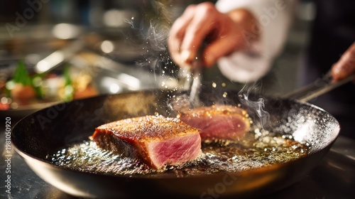 A chef seasons sizzling steak in a hot pan, steam rising. Blurred background includes food and utensils