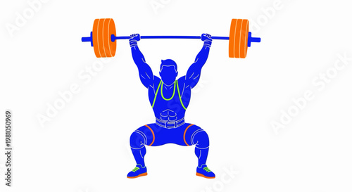 Bold blue muscular weightlifter silhouette lifting a heavy barbell with orange plates vector