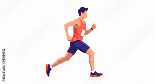 Vector illustration of a male runner wearing a red sleeveless shirt and navy shorts in stride