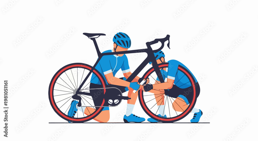 Fototapeta premium Vector illustration of two cyclists repairing a bicycle together in a teamwork scene and repair