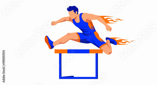 Dynamic vector illustration of a sprinter hurdling a track obstacle with a bright flame trail