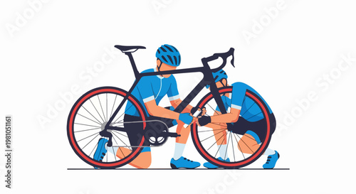 Vector illustration of two cyclists repairing a bicycle together in a teamwork scene and repair