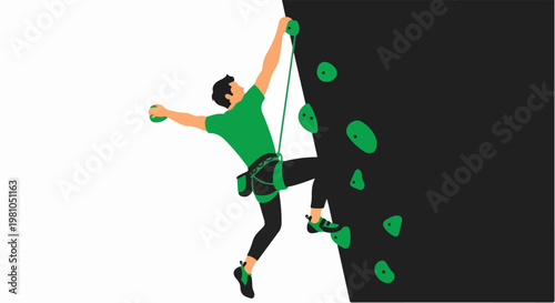 Vector climber scaling a steep indoor wall with green holds and safety gear illustration vector