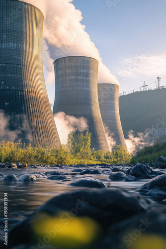 Two large industrial cooling towers emitting steam into the air. vertical frame