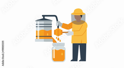 Vector Beekeeper Operating Honey Extractor and Jar of Honey Illustration production beekeeping