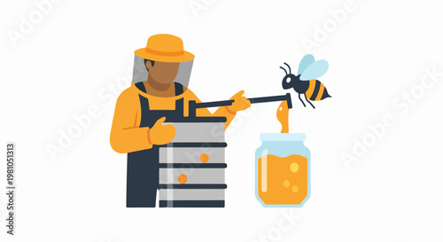 Beekeeper in protective suit handling honeycomb frames with bee and honey jar vector image