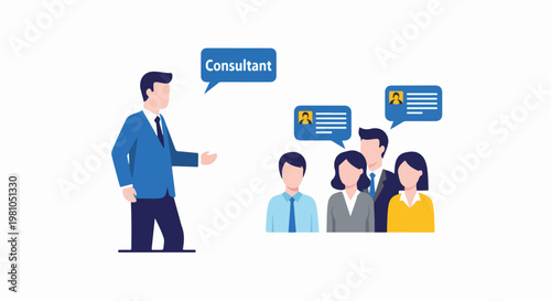 Vector illustration of a consultant presenting to a diverse group in a business setting session