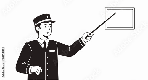 Vector illustration of a presenter in uniform pointing to a screen during a briefing session