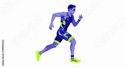 Vector illustration of a dynamic runner in blue purple athletic suit with neon lime accents