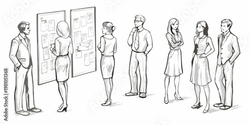 A group of professionals reviewing information on a bulletin board