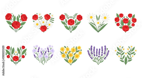 Collection of Various Flower Embroidered Hearts.
