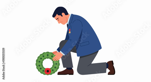 Vector illustration of a man in a blue suit kneeling to place a memorial wreath during tribute