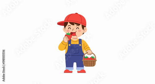 Cartoon Child Farmer in Red Hat Picking Strawberries and Carrying Basket Illustration for Kids