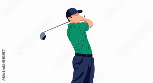 Vector illustration of a male golfer in a green shirt swinging a golf club during a drive shot