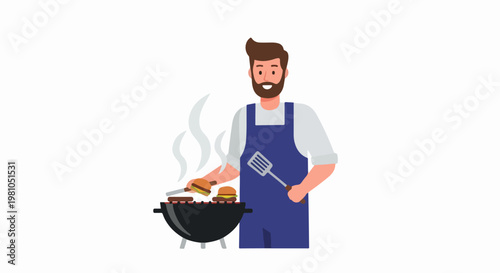 Vector illustration of bearded man grilling burgers at a barbecue grill with spatula and steam