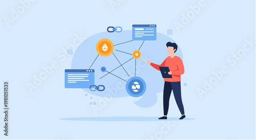 Vector illustration blockchain network with cryptocurrency icons and a person interacting design