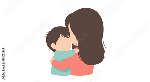 Mother and child hug each other.