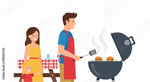 Family Barbecue Scene with Parents and Child Grilling Burgers Outdoors in Backyard Summer Day