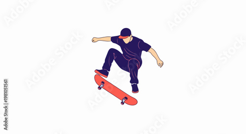 Dynamic skateboarder performing an aerial trick in a bold modern vector illustration style art