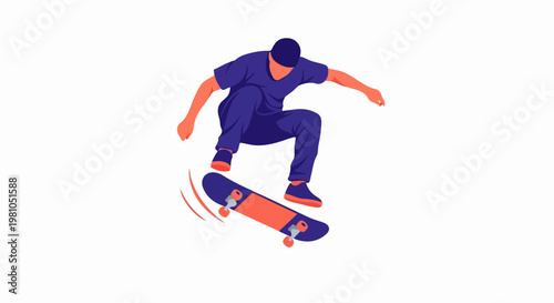 Dynamic vector illustration of a skater performing a skateboard trick in purple and orange
