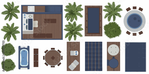 Top down view of various outdoor furniture and landscape elements