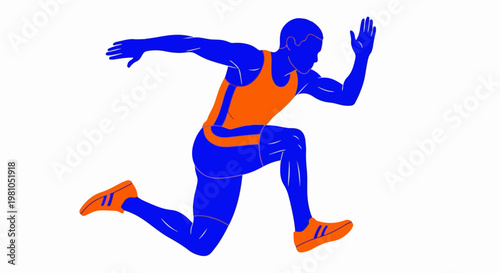 Dynamic running silhouette vector illustration of a blue athlete in orange outfit and shoes