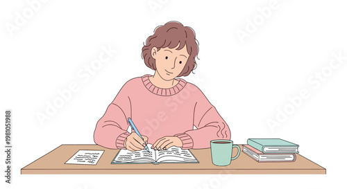 Woman sitting at desk studying hard.