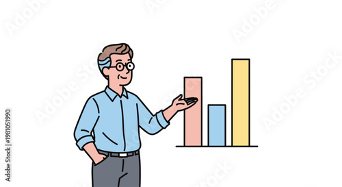 Businessman presenting a colorful bar graph.
