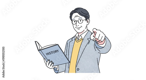 Man holding history book pointing forward.