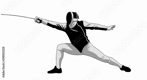 Dynamic fencing fencer vector illustration in a lunging pose wielding an épée with mask gear
