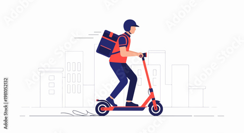 Vector Illustration of a Delivery Rider on an Electric Scooter in an Urban Cityscape District
