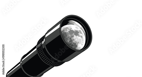 A sleek black astronomical telescope points toward the sky featuring a highly detailed and cratered full moon visible through its pristine glass objective lens.