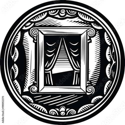Vintage theater stage, ornate curtain frame, black and white vector, illustration design element