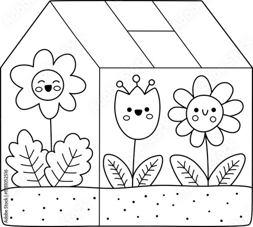 Vector black and white greenhouse with cute smiling flowers inside. Line hot house illustration, coloring page. Side view greenroom picture with kawaii plants. Spring garden clipart