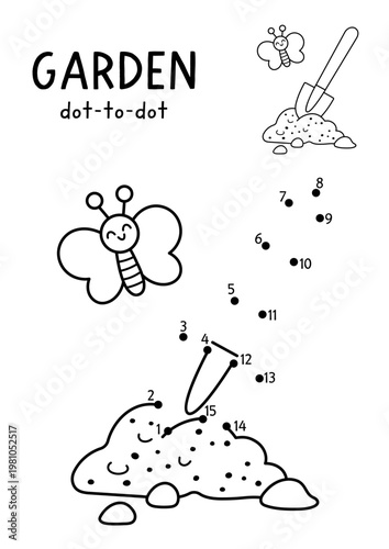 Vector garden dot-to-dot and color activity with cute spade stuck in earth. Black and white spring connect the dots game with shovel. Line printable worksheet with gardening equipment, tool