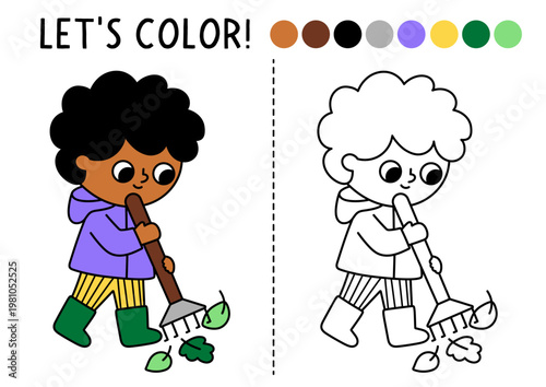 Garden coloring page for children with cute boy raking leaves. Vector spring holiday line illustration. Color book for kids with colored example. Drawing skills printable worksheet with kid gardener