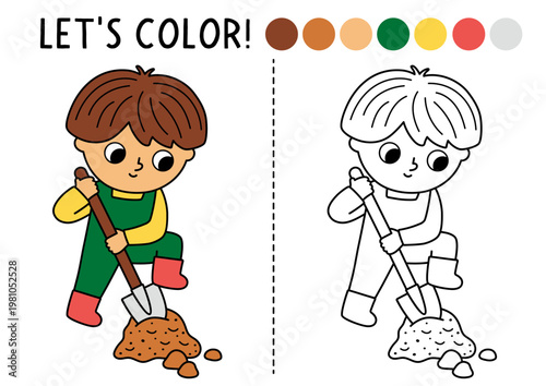 Garden coloring page for children with cute boy with spade. Vector spring holiday outline illustration. Color book for kids with colored example. Drawing skills printable worksheet with kid gardener
