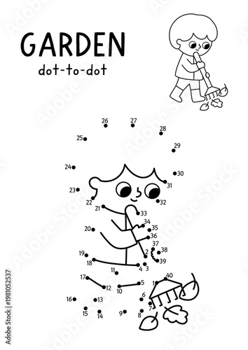 Vector garden dot-to-dot and color activity with cute boy raking leaves. Black and white spring connect the dots game for children with kid gardener doing gardening work. Line printable worksheet
