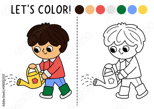 Garden coloring page for children with boy, watering can. Vector spring holiday outline illustration. Color book with colored example. Drawing skills printable worksheet with kid gardener